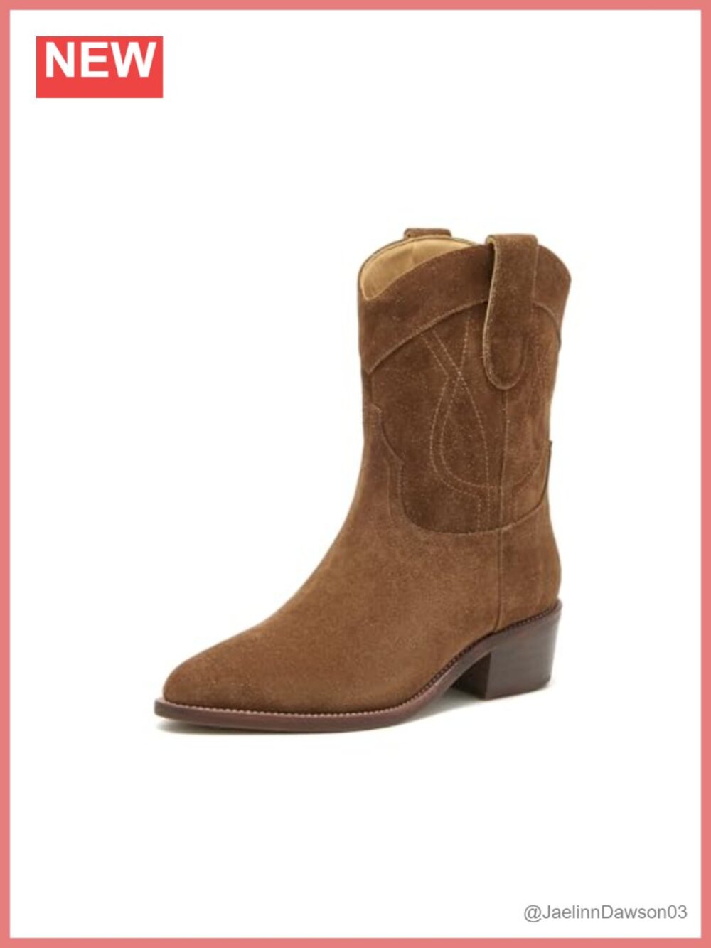 Cow Suede Pointed Toe Chunky Block Heel Pull On Mid Calf Western Boots